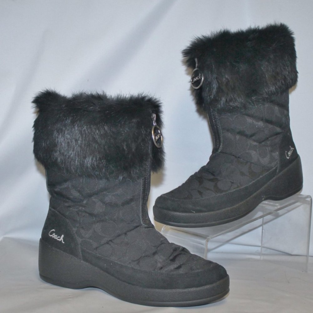 Coach Faith Zip Front Black Signature  Rabbit Fur Winter Wedge Heel  Boot LkNew